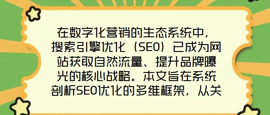 在數(shù)字化營銷的生態(tài)系統(tǒng)中，搜索引擎優(yōu)化（SEO）已成為網(wǎng)站獲取自然流量、提升品牌曝光的核心戰(zhàn)略。本文旨在系統(tǒng)剖析SEO優(yōu)化的多維框架，從關(guān)鍵詞策略、內(nèi)容生態(tài)、外