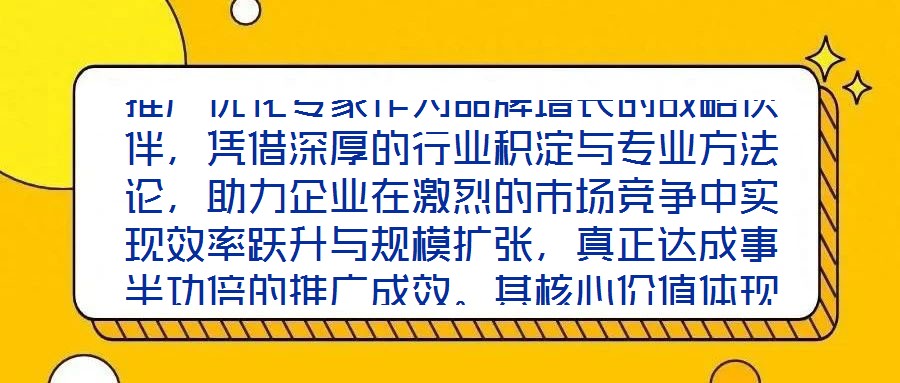 推廣優(yōu)化專家作為品牌增長的戰(zhàn)略伙伴，憑借深厚的行業(yè)積淀與專業(yè)方法論，助力企業(yè)在激烈的市場競爭中實現(xiàn)效率躍升與規(guī)模擴張，真正達成事半功倍的推廣成效。其核心價值體現(xiàn)